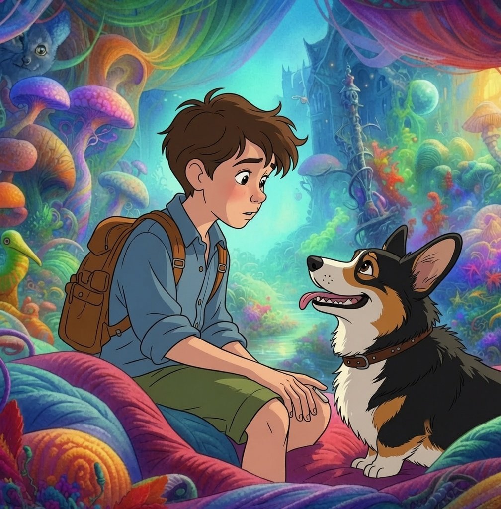 Max and Leo arriving wide-eyed in a technicolor dream world