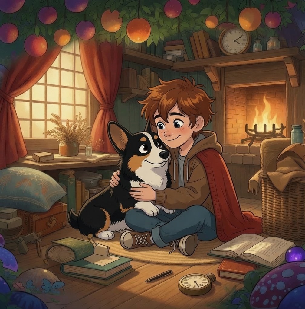 Max hugging Leo by a warm fireside